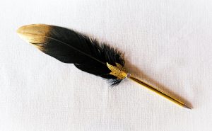 A black feather gold pen with a gold tip to help with writing craft.