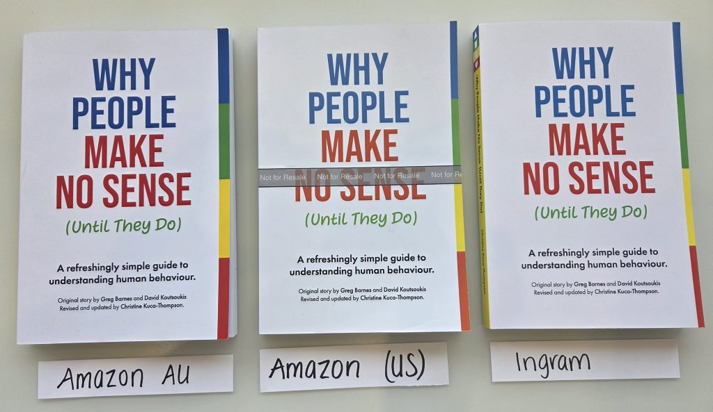 Three book covers of 'Why People Make No Sense (Until They Do) comparing different printers.