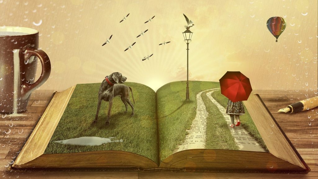 AI image of an open book with a landscape of a girl with a red umbrella, a dog standing on grass and a hot air balloon. This is a metaphor for book formatting.