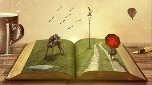 AI image of an open book with a landscape of a girl with a red umbrella, a dog standing on grass and a hot air balloon. This is a metaphor for book formatting.